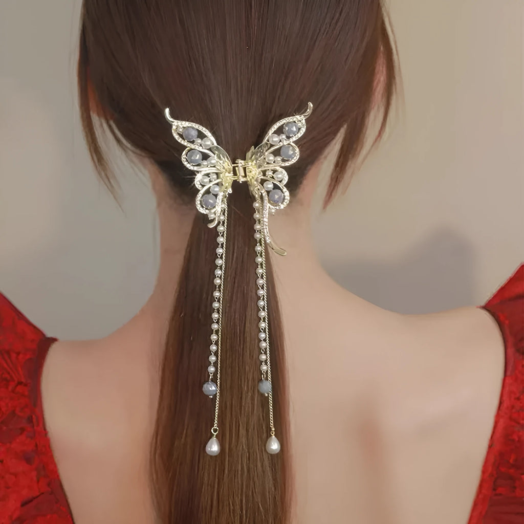 Women's alloy butterfly tassel grab clip, 8x8.5cm butterfly with 15cm tassel, manual finish, F0403 Butterfly tassel colour