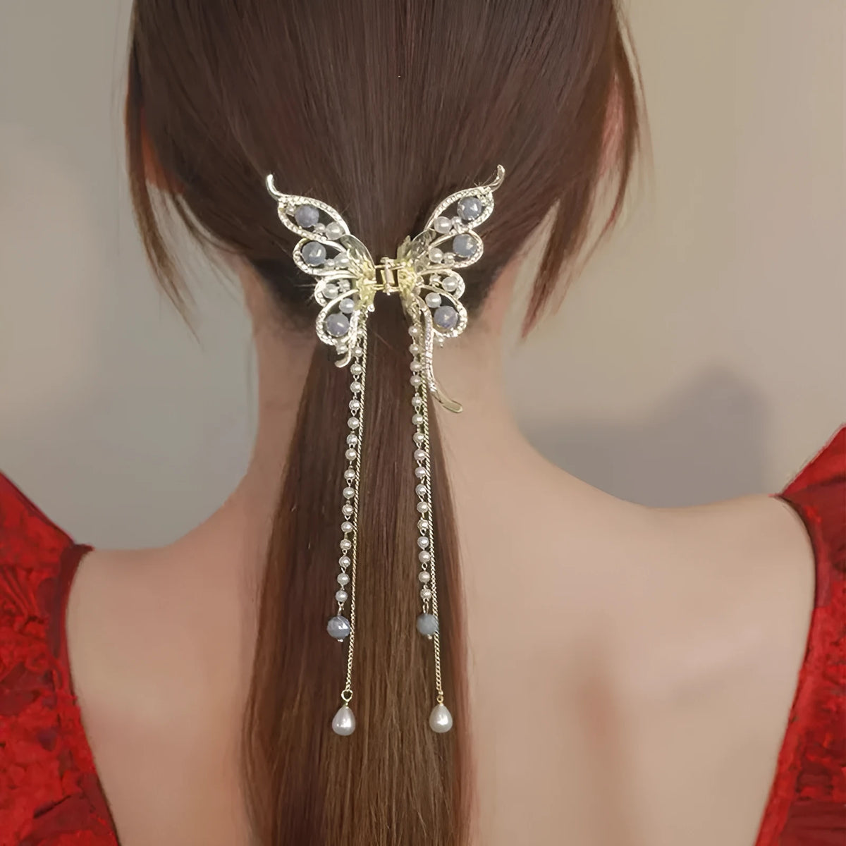 Women's alloy butterfly tassel grab clip, 8x8.5cm butterfly with 15cm tassel, manual finish, F0403 Butterfly tassel colour