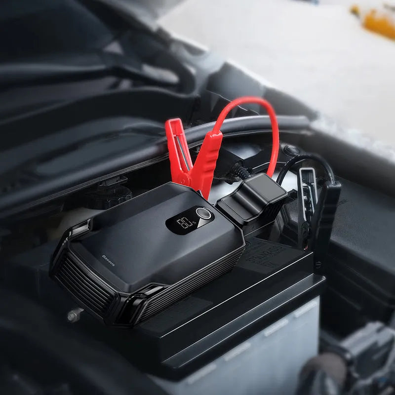 Baseus Super Energy Max black portable car jump starter with 20000mAh battery and 2000A peak current on a dark background