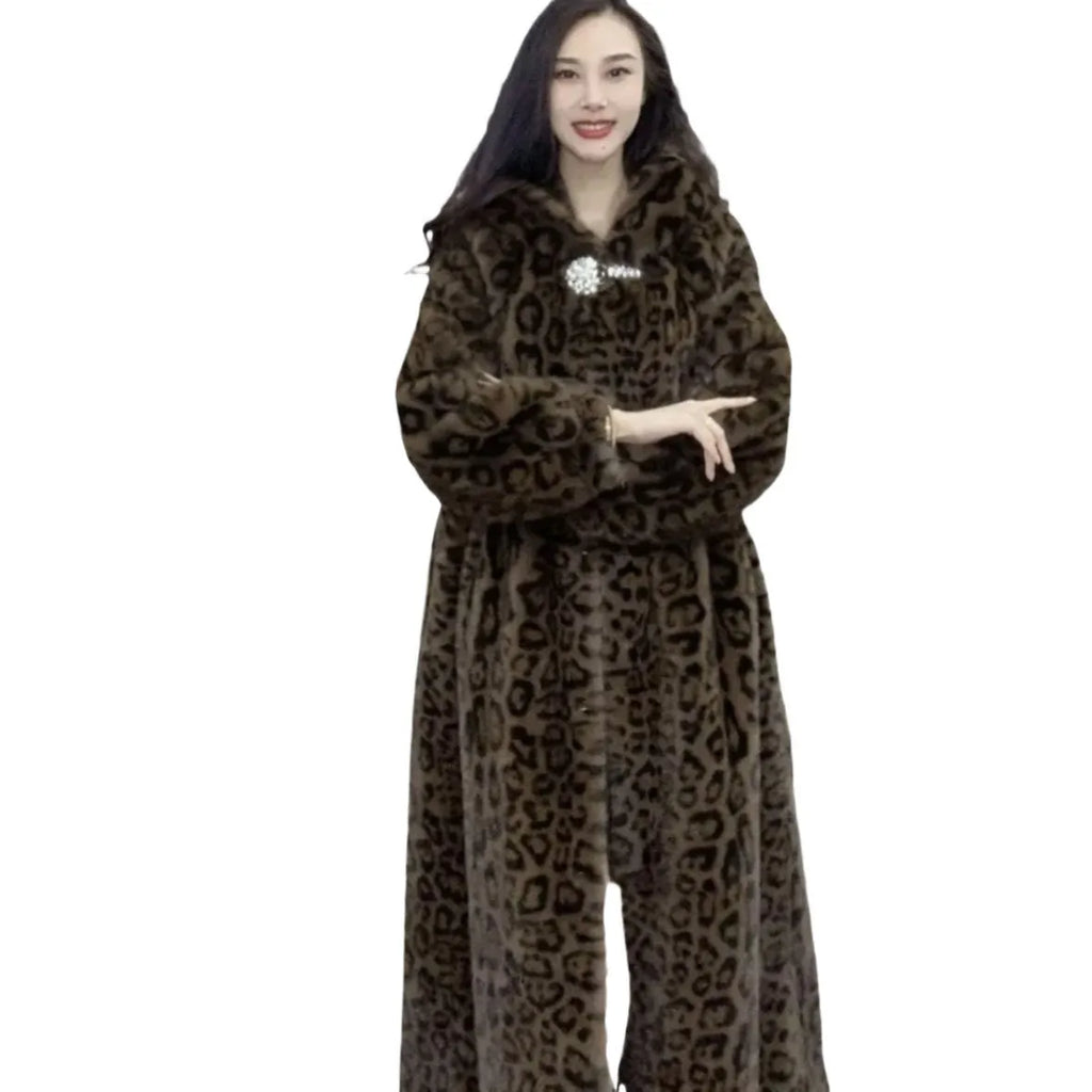 Long brown leopard print faux fur coat on a hanger, showing loose plus-size fit and regular sleeves.