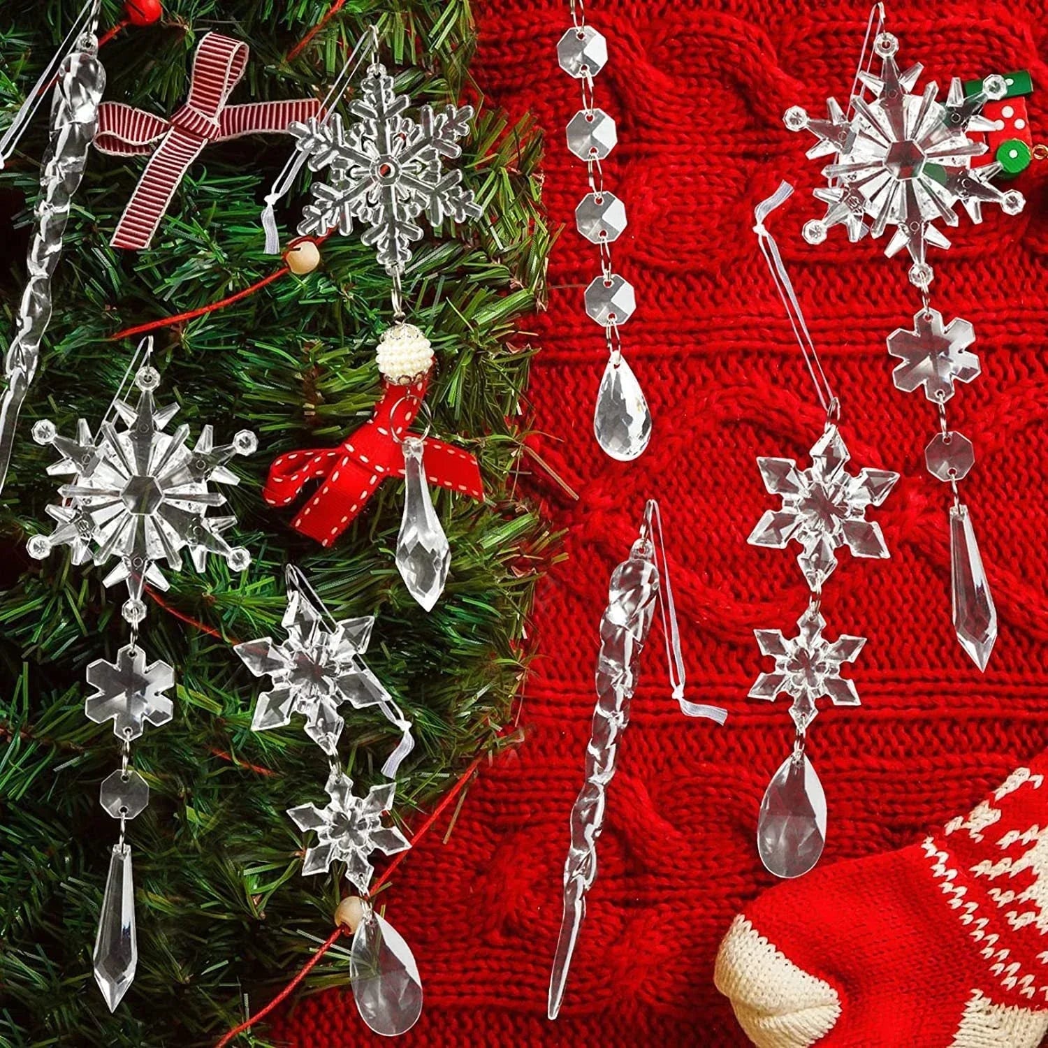 Premium clear acrylic icicle Christmas tree ornaments with hanging ribbons for versatile holiday decoration