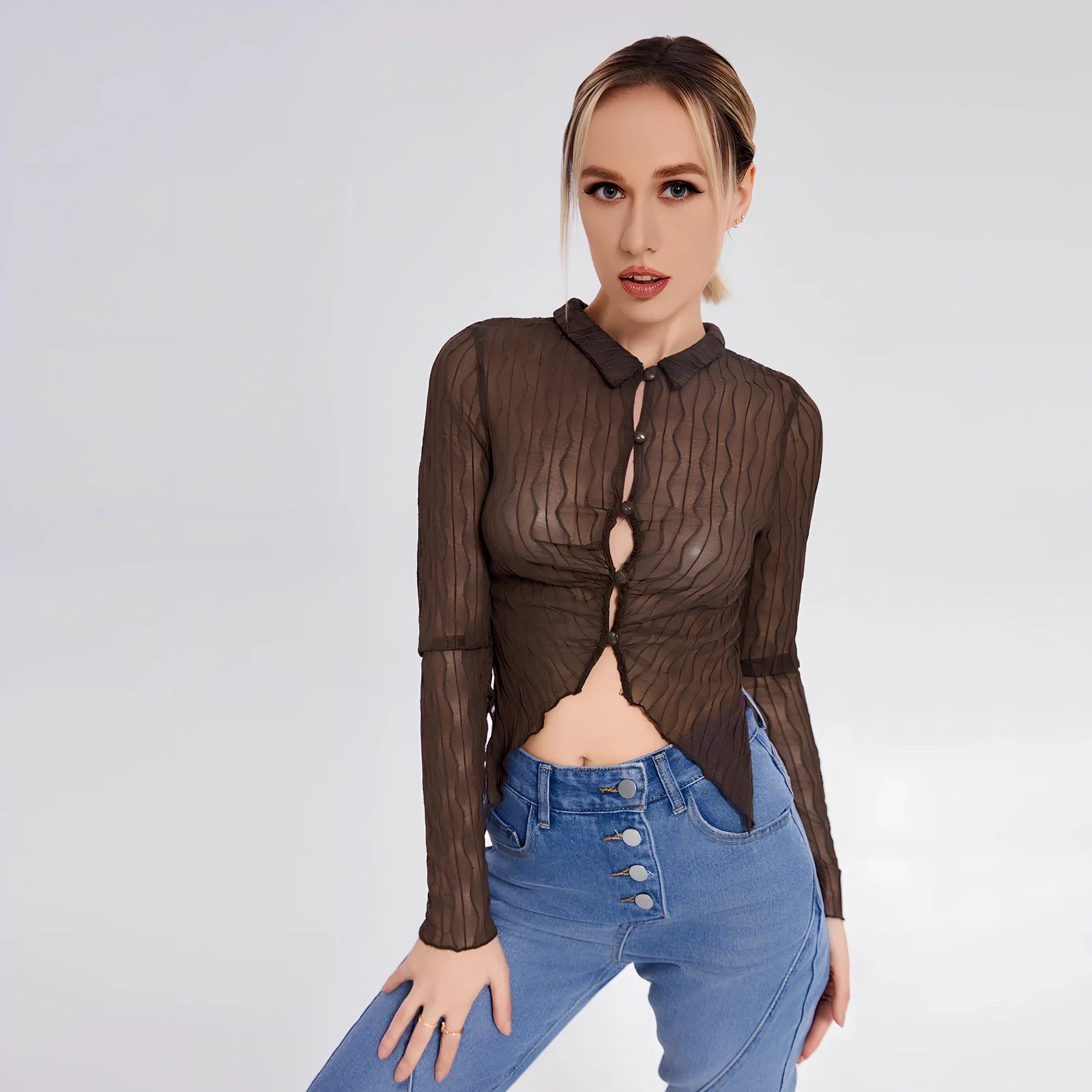 Women's black slim-fit long-sleeved lapel T-shirt, 80% polyester 20% spandex, 60cm sleeves, sizes S M L