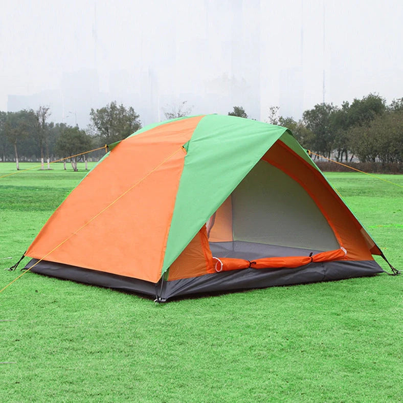 Orange-blue double camping tent with aluminium poles showing mesh windows and waterproof construction details