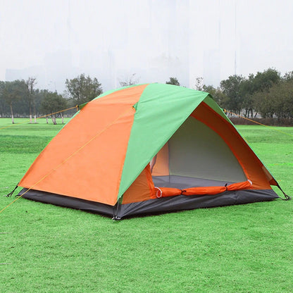 Orange-blue double camping tent with aluminium poles showing mesh windows and waterproof construction details