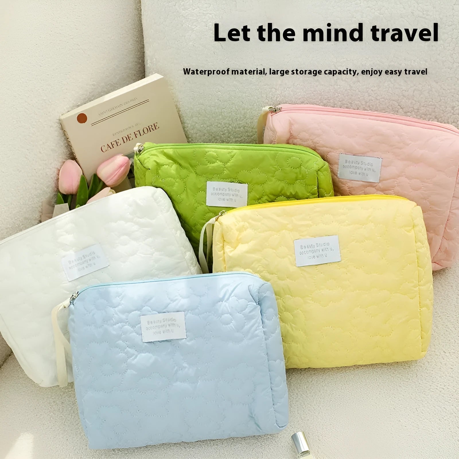 Quilted candy colour cosmetic storage bag for women with matching sanitary pad bags