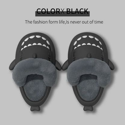 Cozy shark-inspired slippers in various colors, featuring plush, fuzzy material and durable non-slip soles