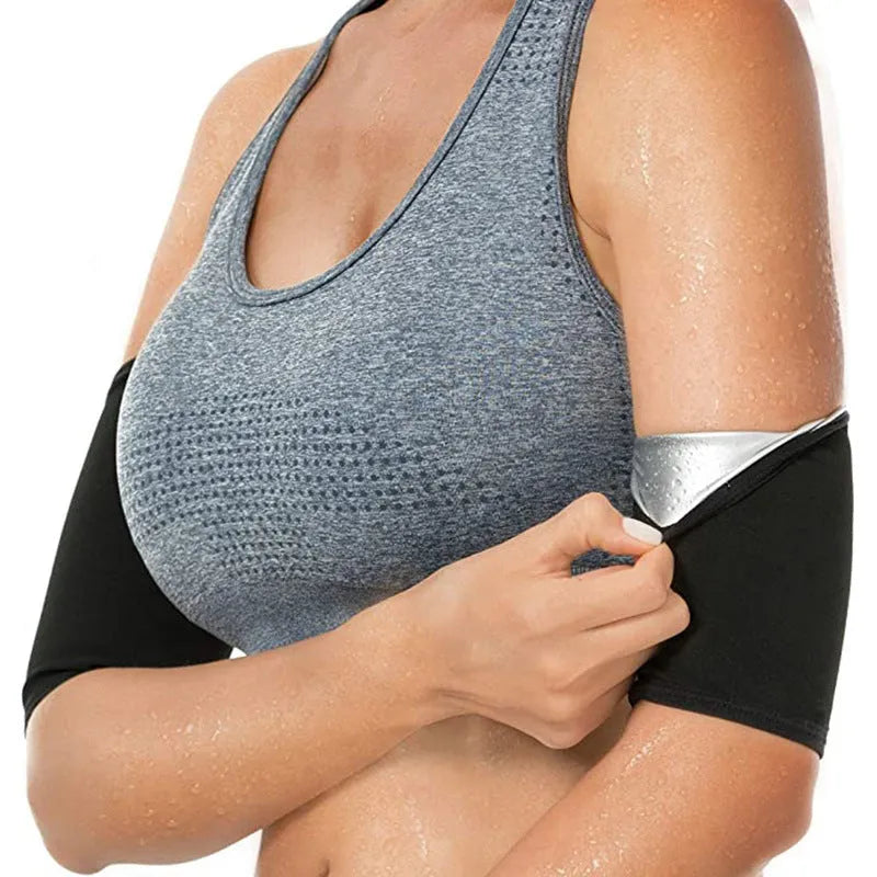 Adjustable arm sweatband in blue colour with binding strap, shown on an arm.