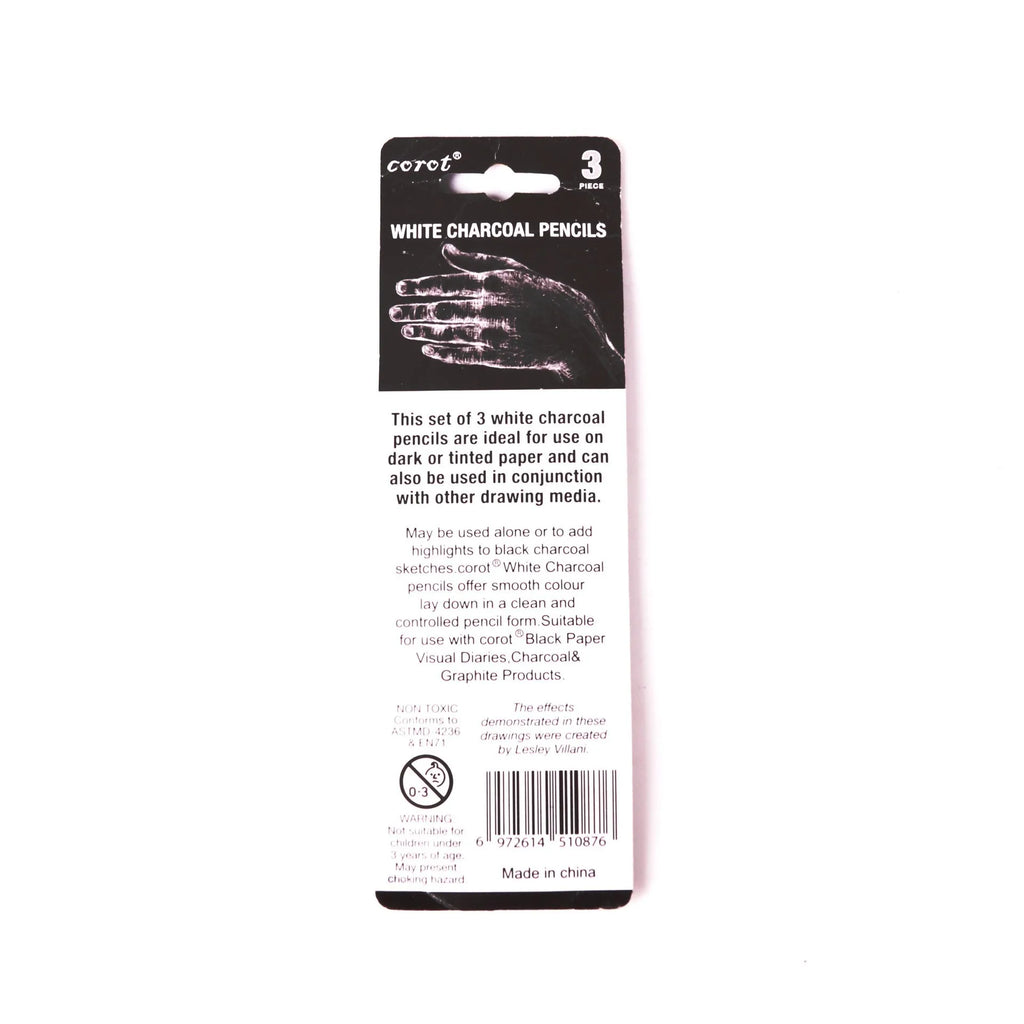 Three white charcoal highlighting pencils with wooden casings for sketching on dark paper