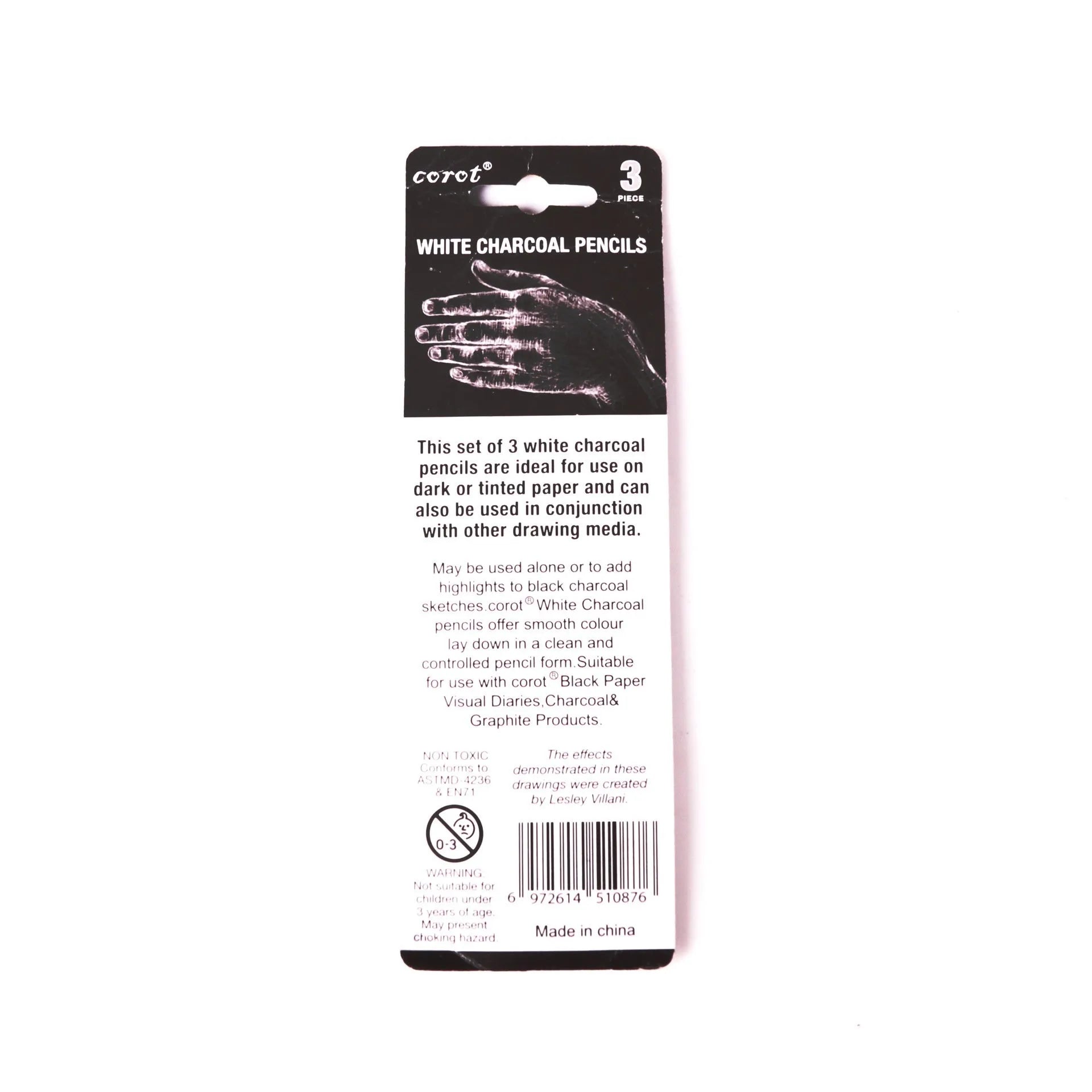 Three white charcoal highlighting pencils with wooden casings for sketching on dark paper
