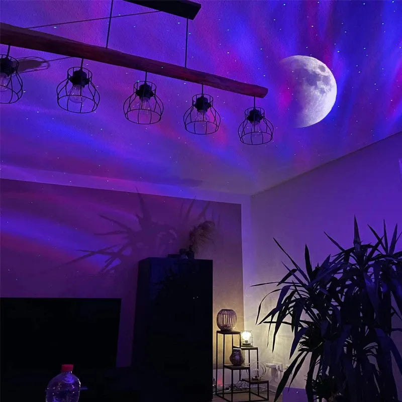 White ABS aurora borealis galaxy star projector with remote control displaying Northern Lights projection