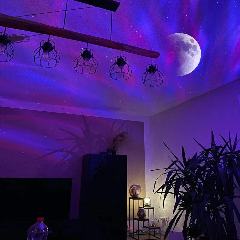 Mesmerizing galaxy night light with aurora borealis and star projections, ideal for creating a soothing, relaxing ambiance in the home.