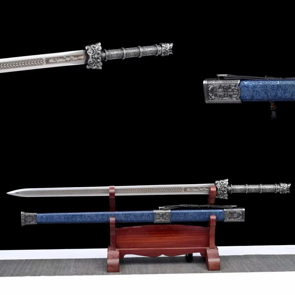 Ancient Tang-style unsharpened sword with high manganese steel blade and solid wood scabbard with leather covering
