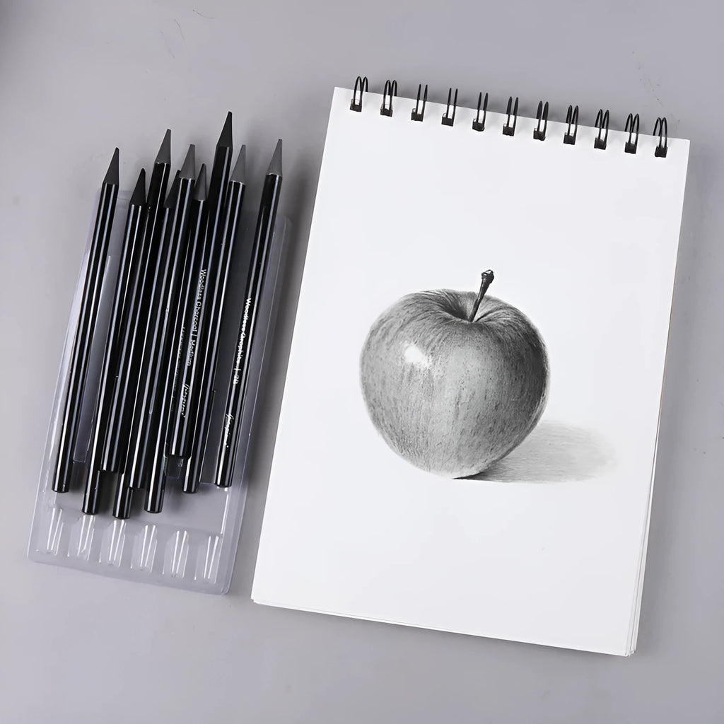 Set of graphite and carbonized drawing pencils with wooden barrels on suction card packaging