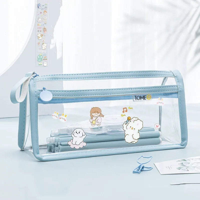 Transparent double-layer pencil case showing two compartments, available in multiple colours