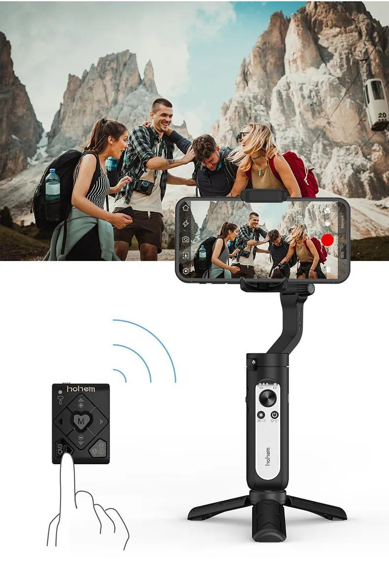 Black 3-axis smartphone stabilizer gimbal with tripod stand folded to 179mm