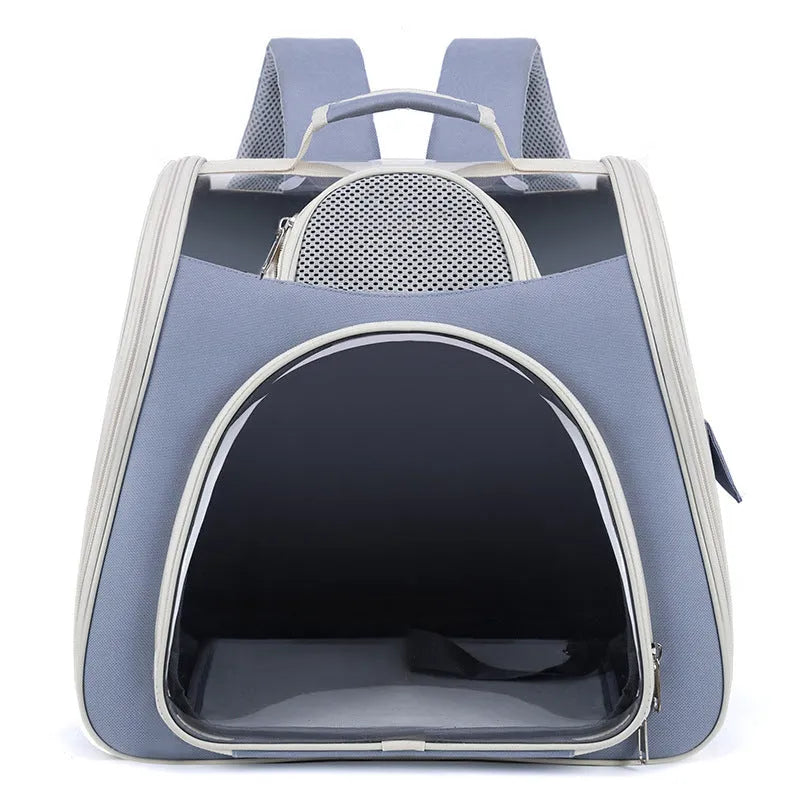 Portable foldable pet bag in blue solid colour, medium capacity, made from PU and PVC materials