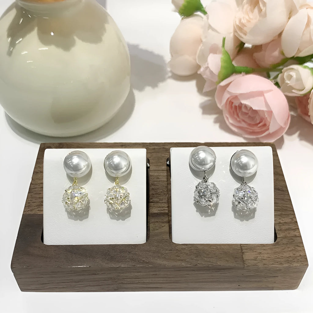 Micro inlaid square diamond pearl stud earrings for women in gold finish
