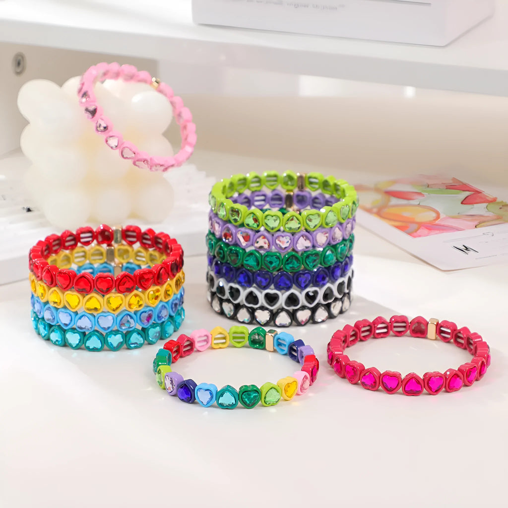 Rainbow enamel alloy heart stretch bracelet showing colourful pattern and heart charm