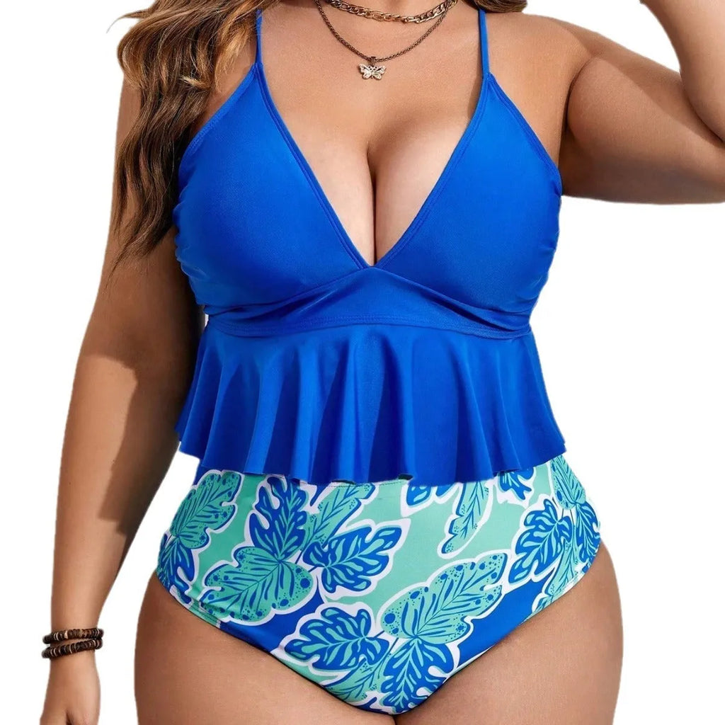 Blue bikini top and shorts set on a mannequin, showing European and American fit.
