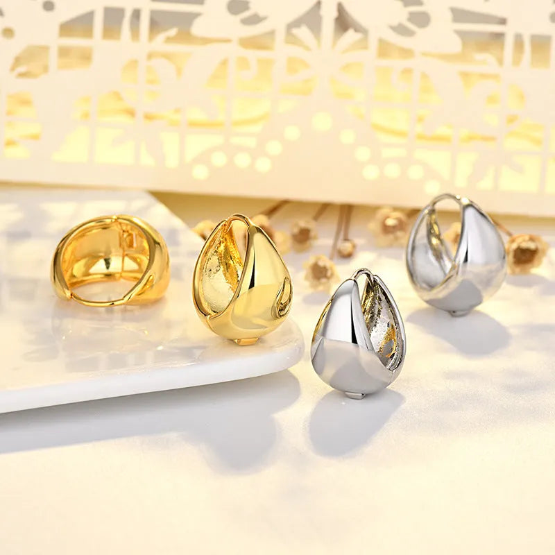 Women's geometric circle earrings with gold inlay, copper base, water drop ear clip in gold-plated finish
