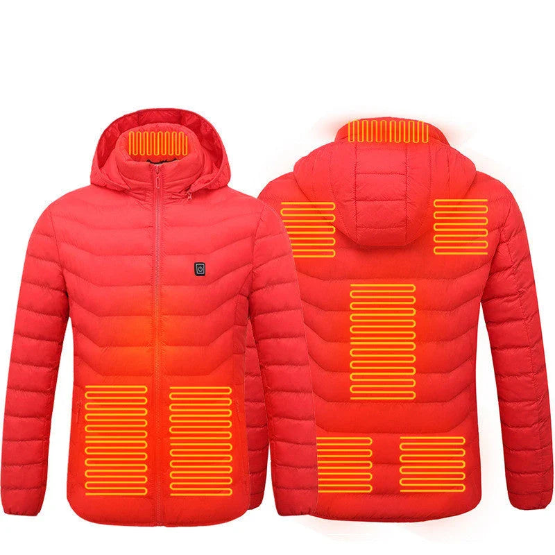 Heated puffer jacket with 9 heating zones, adjustable hood, and insulation for skiing in cold weather