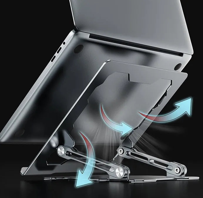 Grey aluminium laptop stand with adjustable angle, shown folded and unfolded next to a laptop.