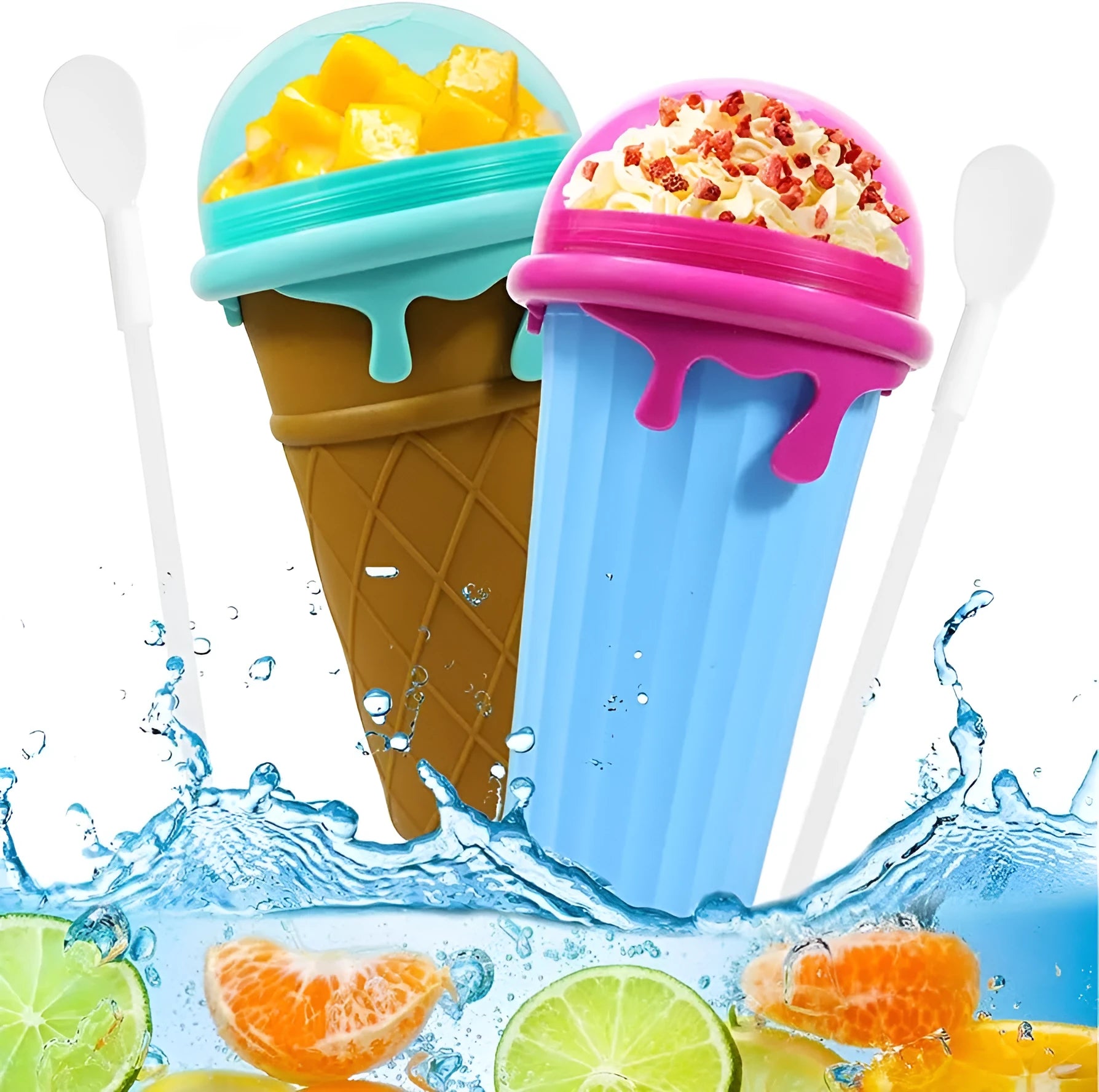 Blue silicone slushy maker cup with 500ml capacity for homemade smoothies