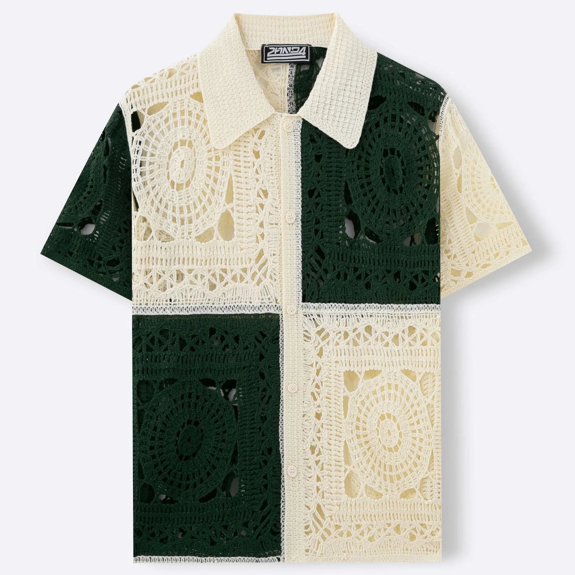 Men's beige colourblock knitted shirt with short sleeves and flocking detail
