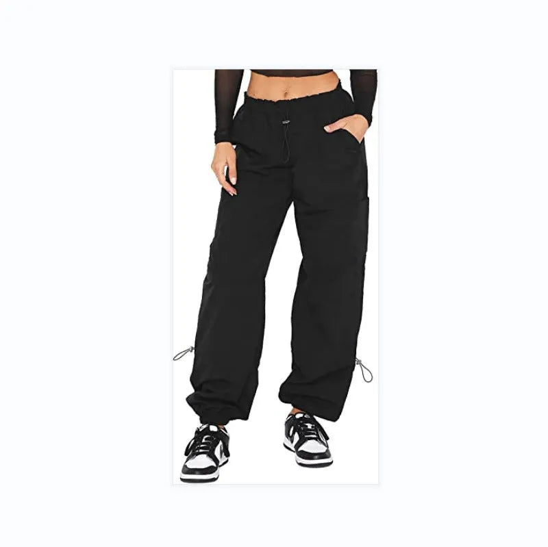 Men's loose-fit straight-leg cargo casual trousers in black with multiple utility pockets on the legs.