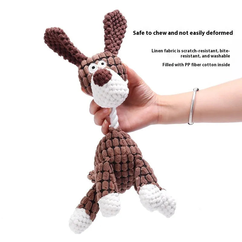 Assorted plush pet toys including a grey donkey, a beige donkey, and a yellow rechargeable duck for puppies.