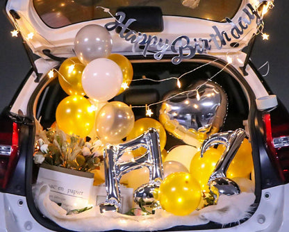 Romantic car trunk proposal decoration set with balloons, flags, and accessories for girlfriend's birthday celebration