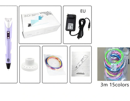 Yellow Children's 3D Printing Pen with USB, base, and 3m 3-colour consumables for three-dimensional drawing