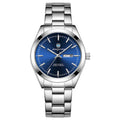 Men's double calendar luminous quartz watch with silver case and steel strap