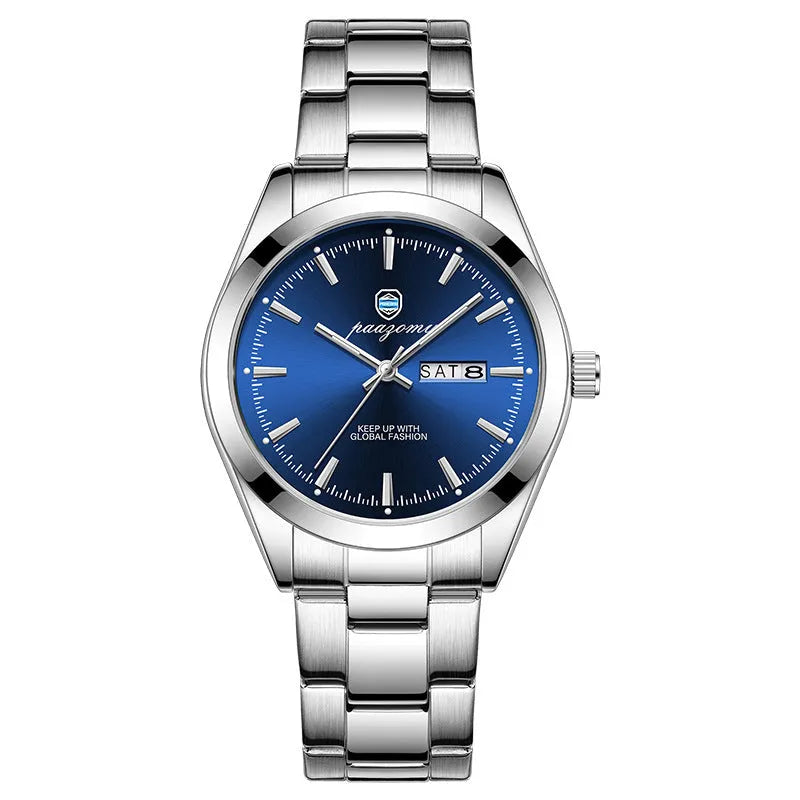 Men's double calendar luminous quartz watch with silver case and steel strap