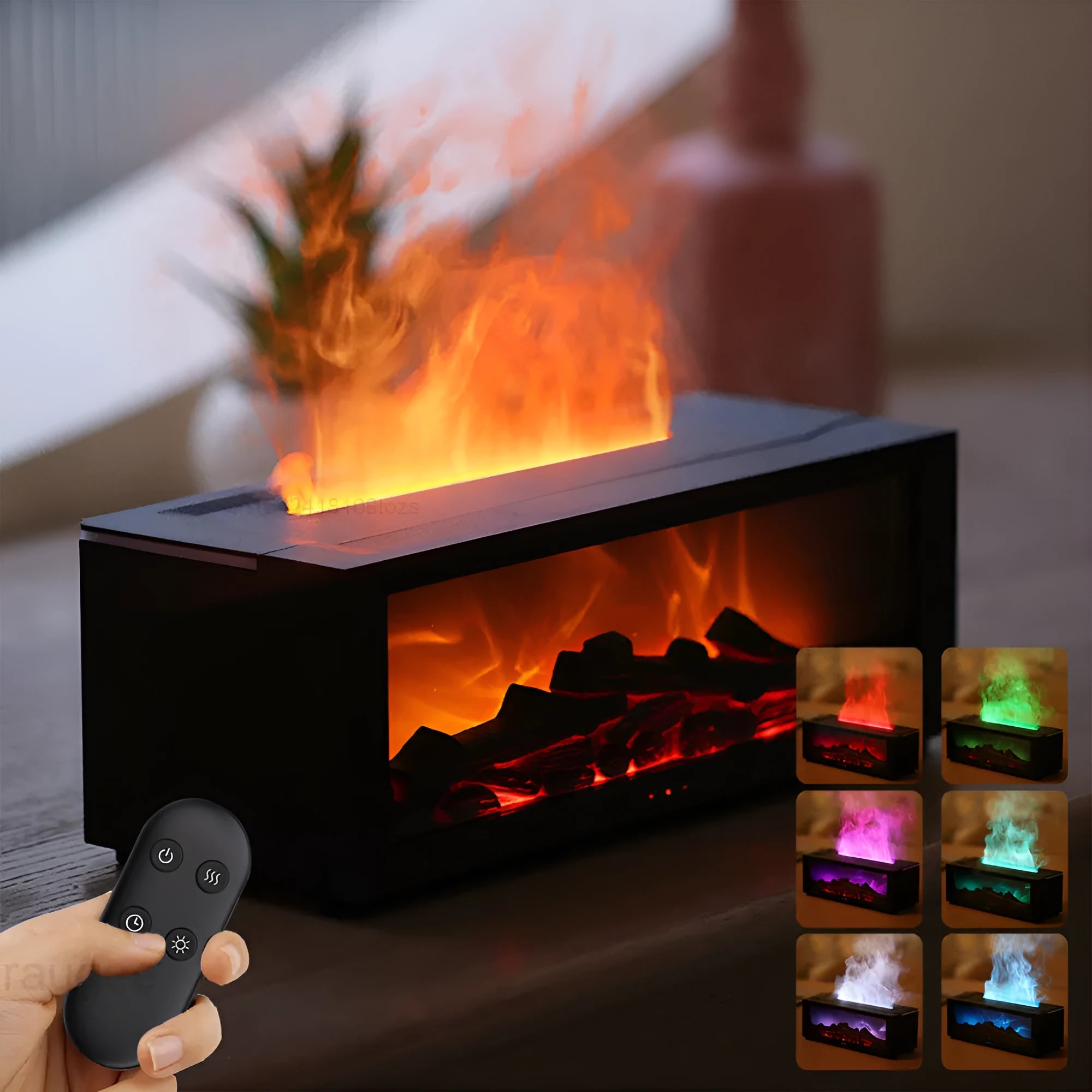Square flame aromatherapy machine with 3D flame effect and LED lights, includes remote control
