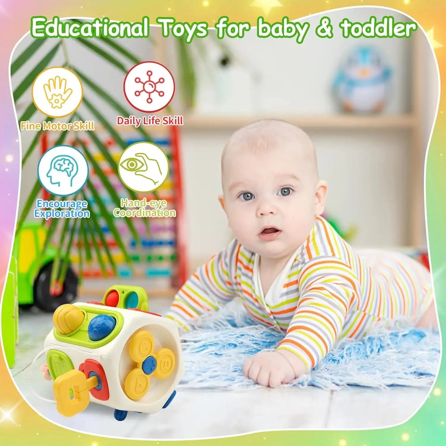 9-in-1 busy cube plastic sensory toy for toddlers aged 1-3 years, eight-sided design with multiple fidget activities