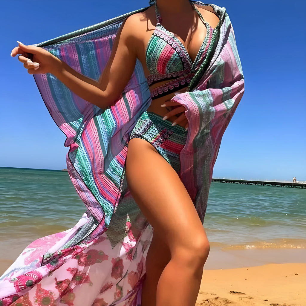 Women's three-piece swimsuit with cross bandage design and high waist in multiple colour options