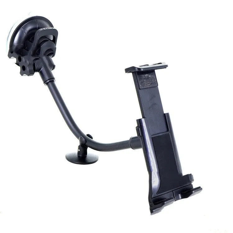 Black universal vehicle-mounted tablet holder with lifting bracket and long suction cup for 4-12 inch devices.