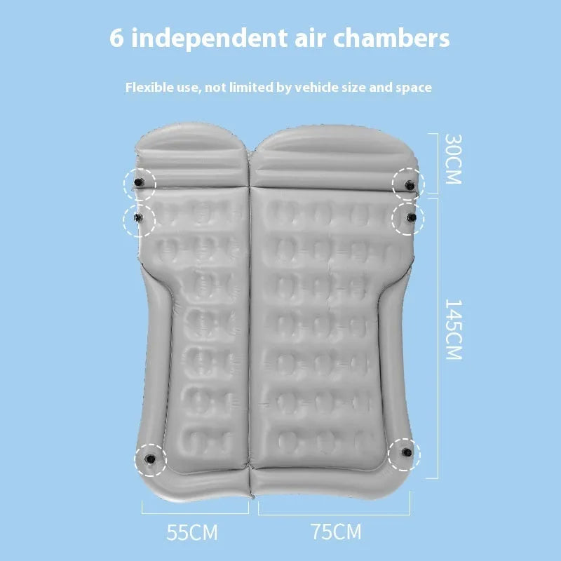 Beige SUV inflatable bed with flocking surface and car motor pump on vehicle floor