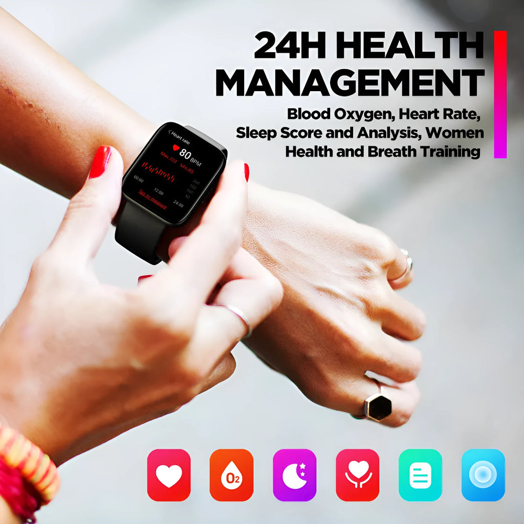 Black GPS sports smart watch with 1.78-inch display and rubber wrist strap showing health metrics