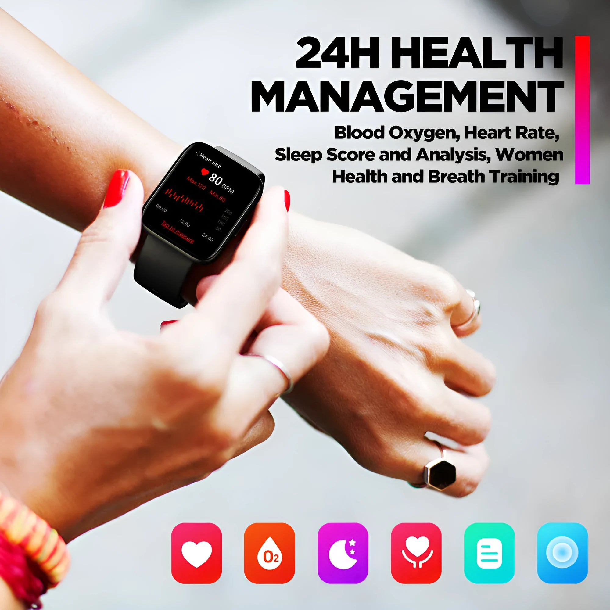 Black GPS sports smart watch with 1.78-inch display and rubber wrist strap showing health metrics