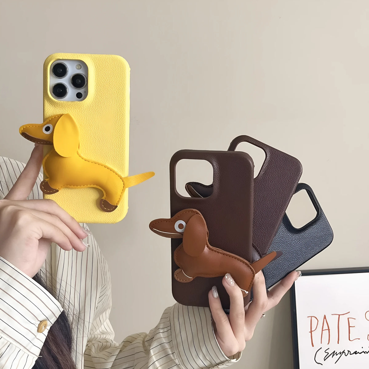 Creative three-dimensional leather sausage dog phone case for Apple iPhone in yellow