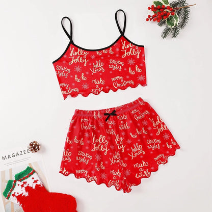 Women's Christmas-themed milk silk pajamas set with sleeveless top and shorts