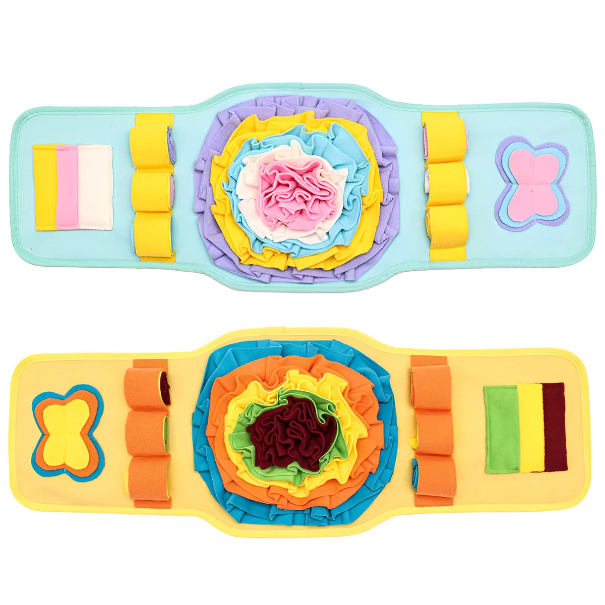 Blue and yellow watch-style pet sniff mat with fleece strips for slow feeding and nosework training
