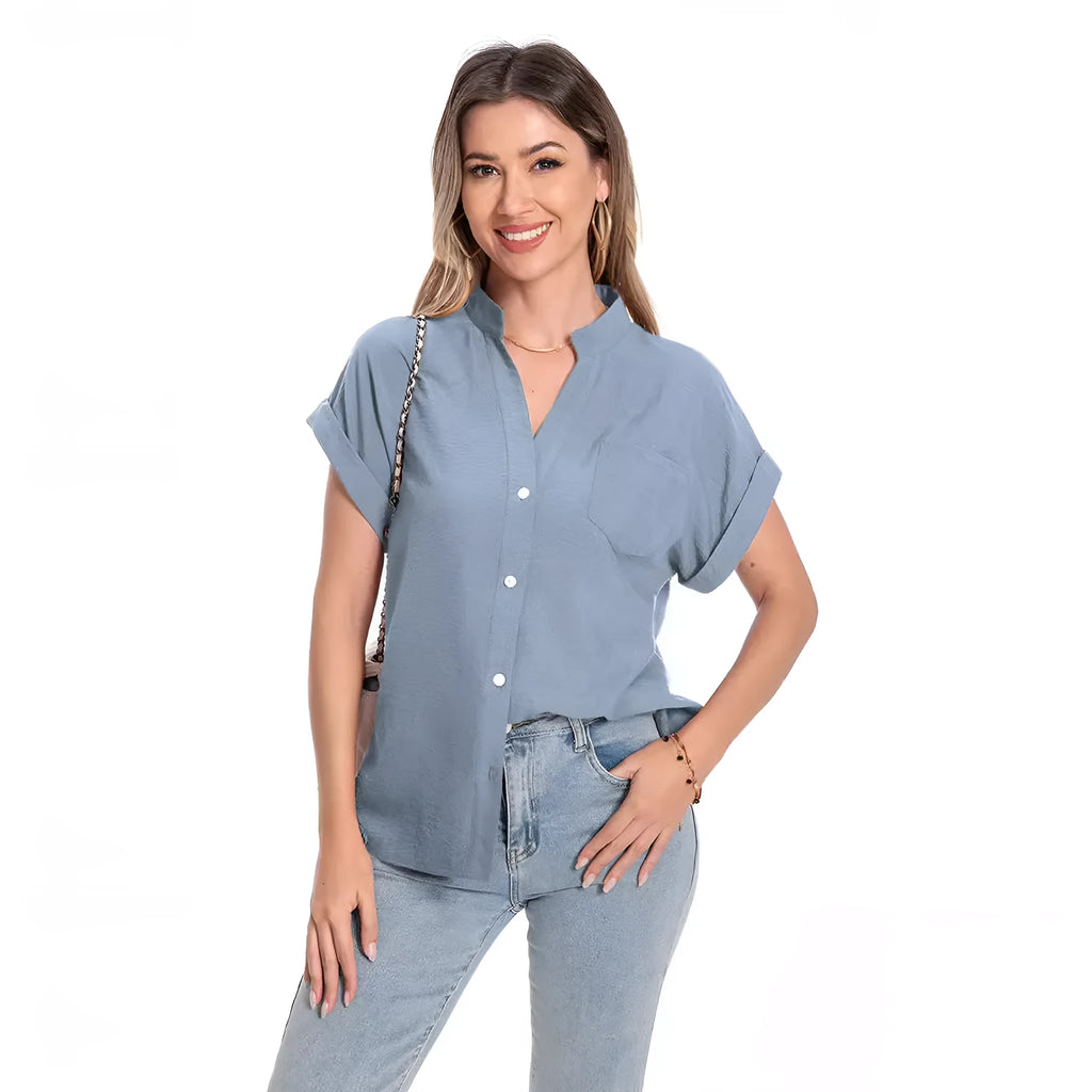 Women's loose summer top with stand collar and button front in polyester fabric with raglan sleeves
