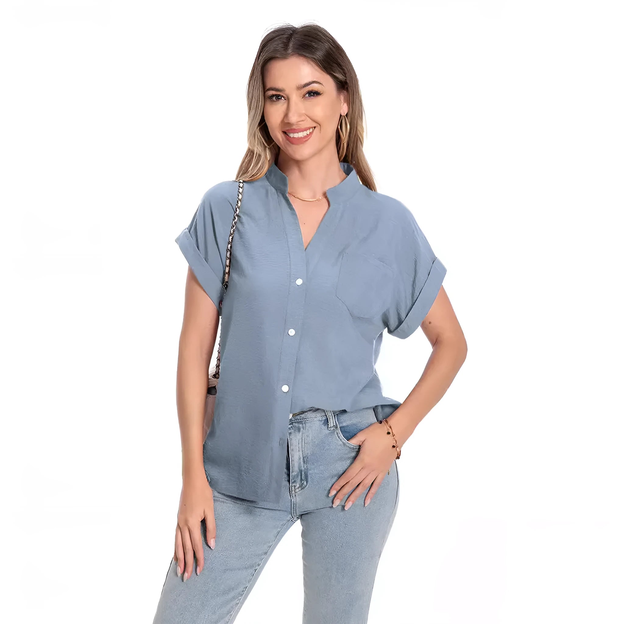 Women's loose summer top with stand collar and button front in polyester fabric with raglan sleeves