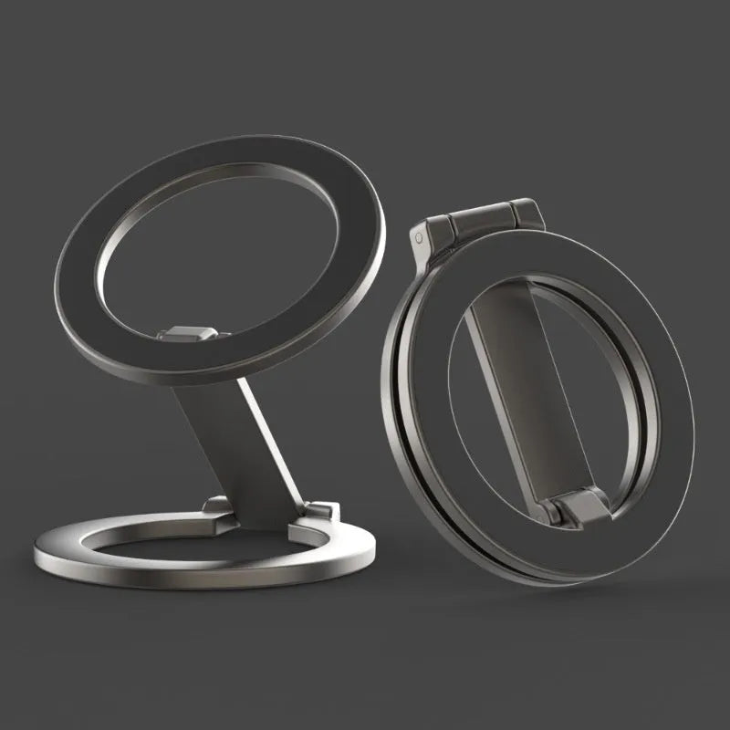 Multi-functional fastened ring metal desktop stand bracket black colour on desk holding smartphone upright