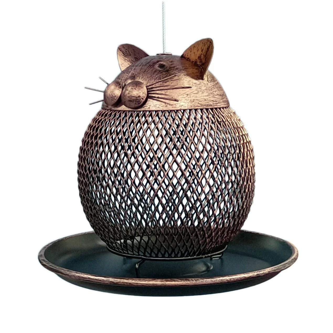 Vintage cat-shaped iron bird feeder with mesh design for garden decoration