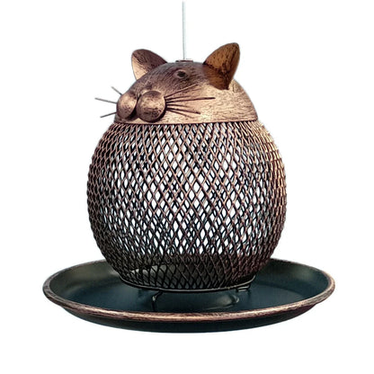 Vintage cat-shaped iron bird feeder with mesh design for garden decoration