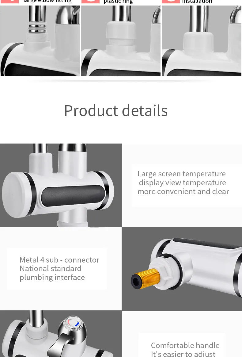 White electric water heater tap with digital temperature display and 3000W fast heating capability
